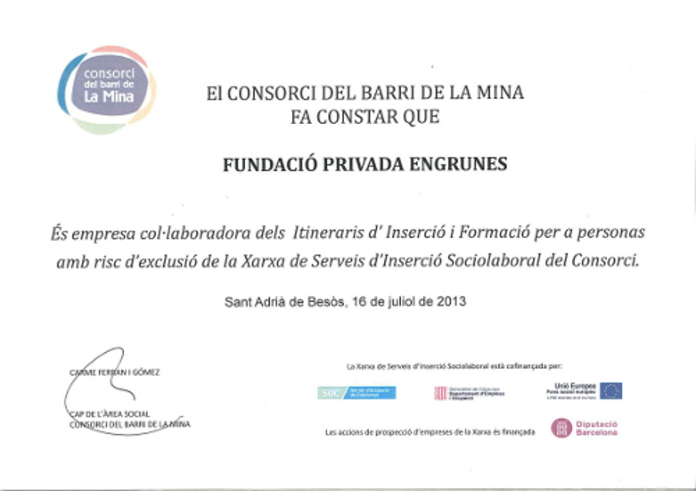 Reconeixement del Consorci del Barri de la Mina a Engrunes